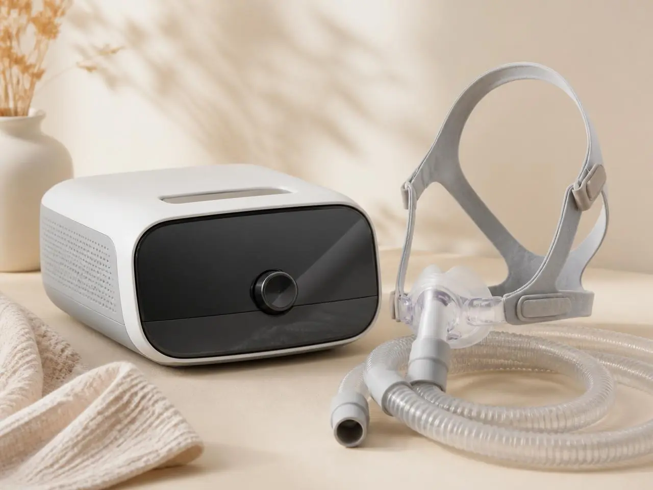 A compact CPAP machine with mask and tubing arranged on a warm cream surface